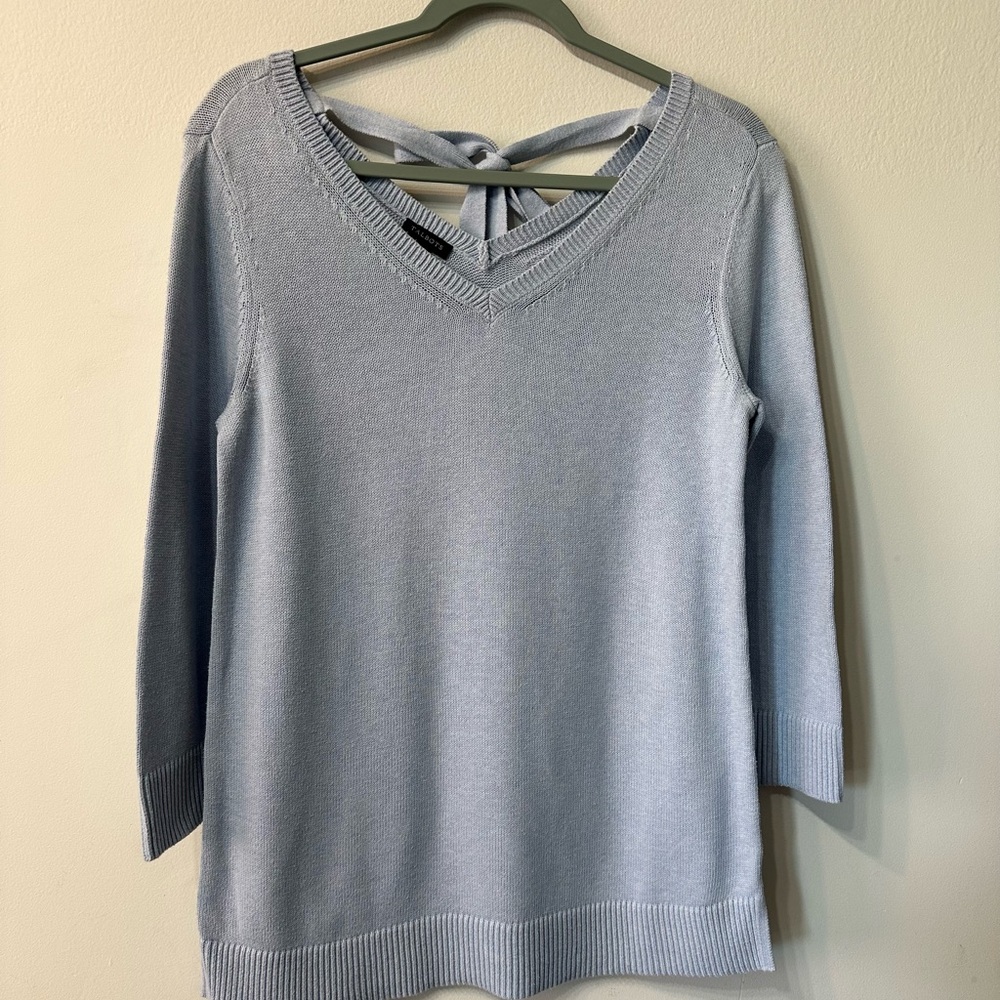 Talbots Light Blue Knit Pullover Sweater Back Tie Bow V-Neck 3/4 Sleeve S